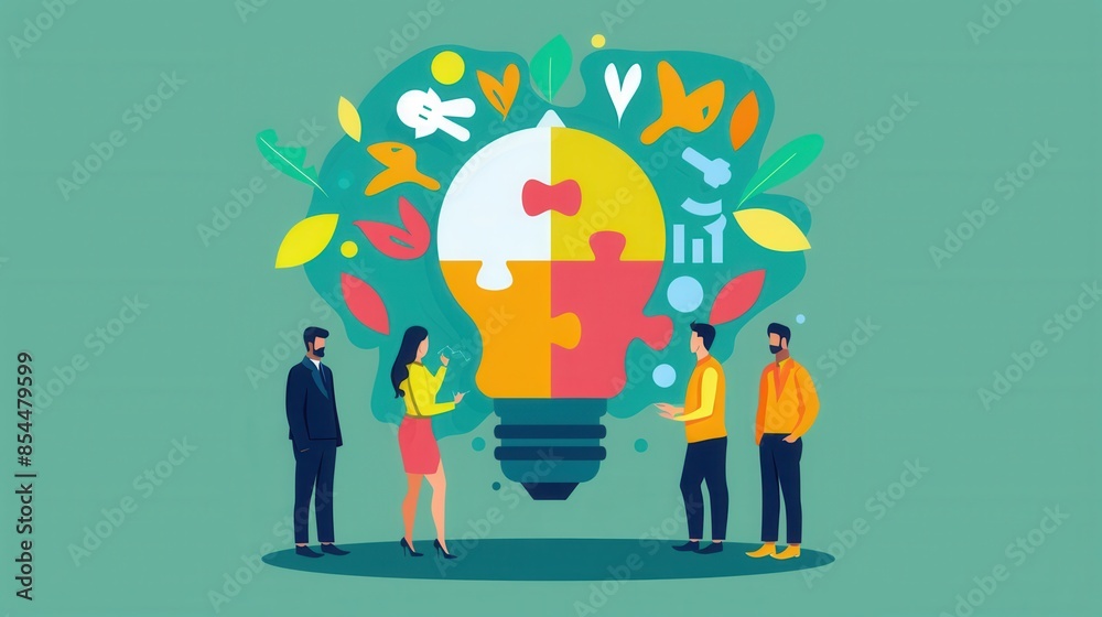 A team of four people stand in front of a large lightbulb shaped like a jigsaw puzzle, symbolizing their collaborative brainstorming. A team of four people stand in front of a large lightbulb shaped like a jigsaw puzzle, symbolizing their collaborative brainstorming.