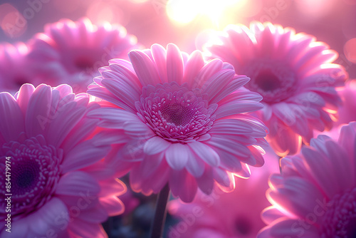 Pink flowers with a bright sun in the background. The flowers are arranged in a way that they are all facing the same direction