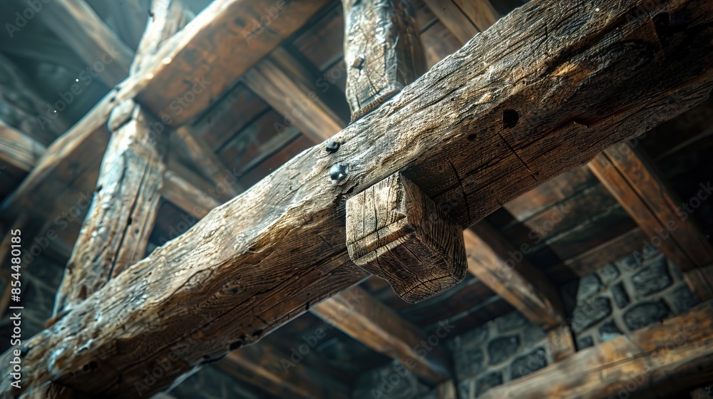 Rustic charm of aged wood in architectural design. A wooden beam with a hole in it Rustic charm of aged wood in architectural design. A wooden beam with a hole in it