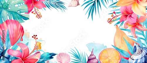 Tropical Floral Doodle Page Border Design with Blank Central Space for Mockup