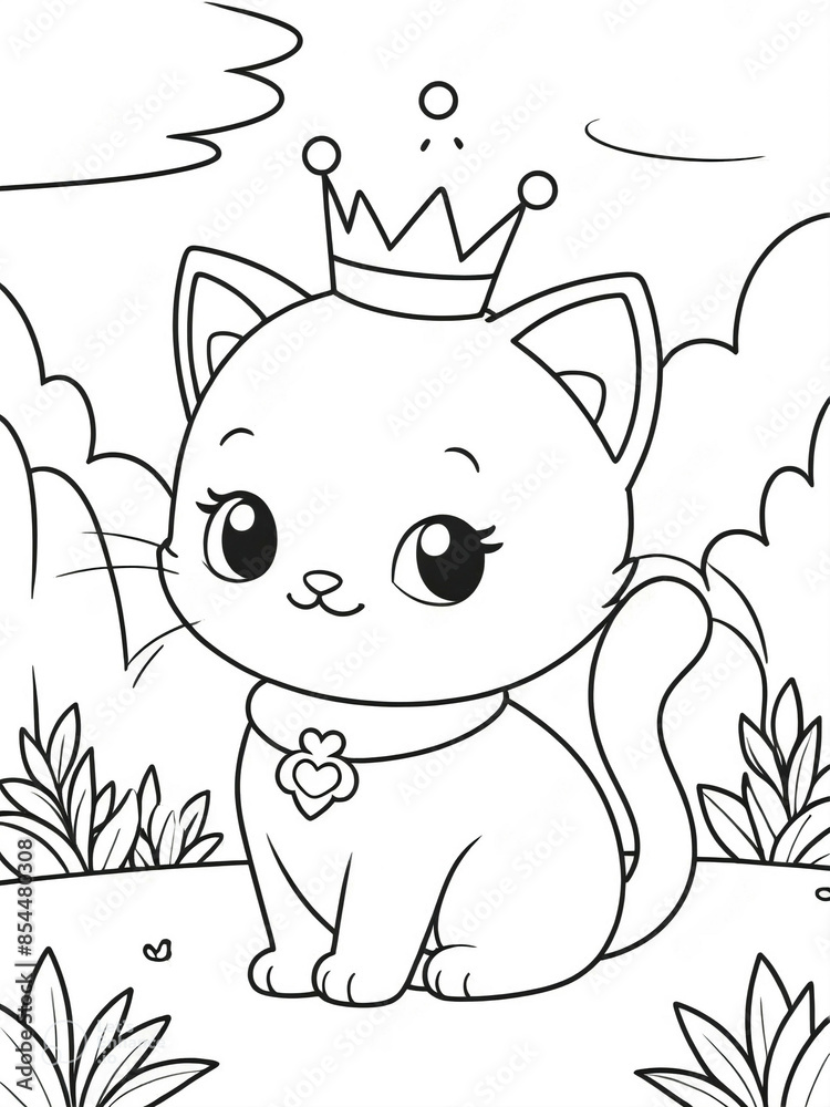 Little cute cat wearing crown in nature background, coloring page for ...