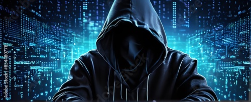 Hooded Hacker in Action Banner, dark web concept
