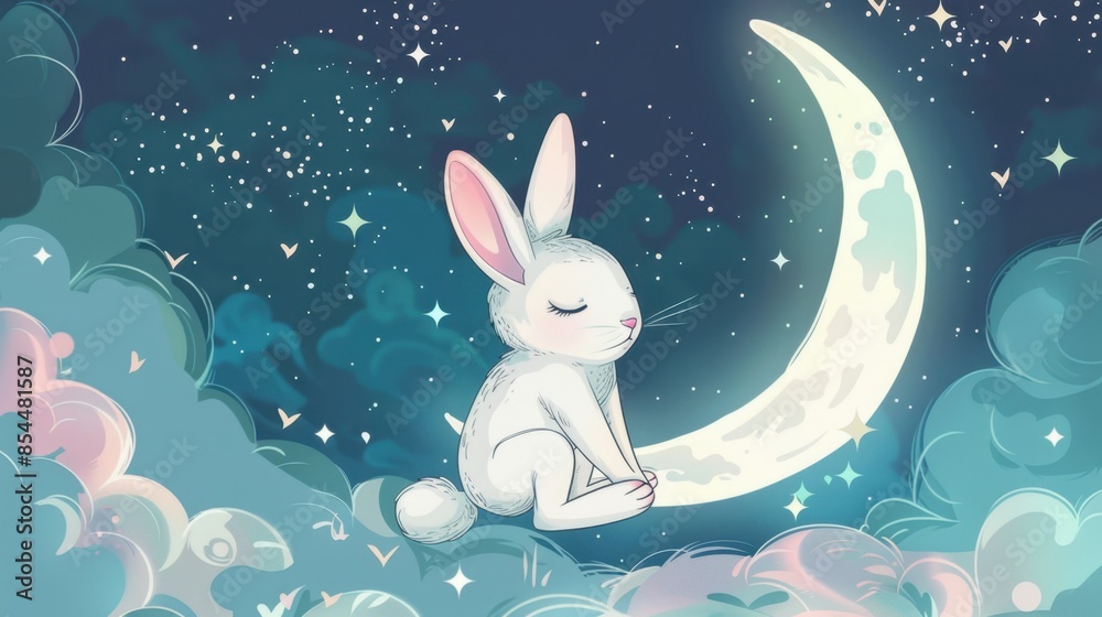 A white rabbit sits peacefully on a crescent moon against a backdrop of starry clouds and a dark blue sky.