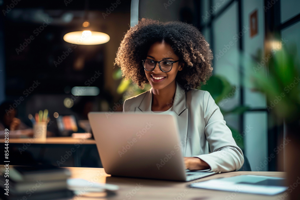 Fototapeta premium African female entrepreneur working on laptop and explaining strategy to attract followers to online store while having meeting with colleagues in office
