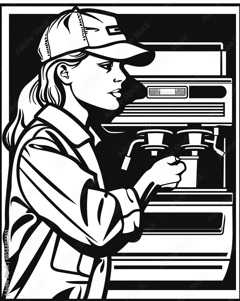 custom made wallpaper toronto digitalA woman is making coffee in a coffee shop. She is wearing a hat and a white shirt