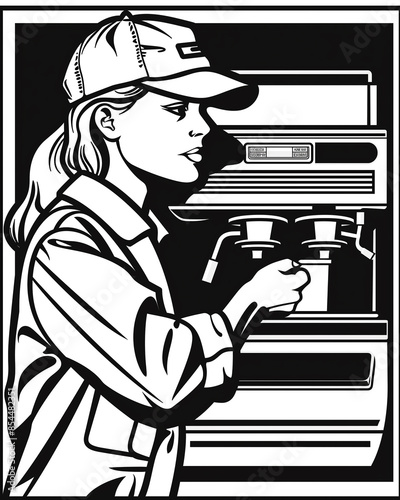 Wallpaper Mural A woman is making coffee in a coffee shop. She is wearing a hat and a white shirt Torontodigital.ca