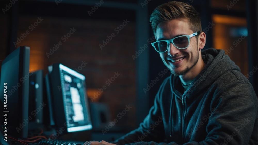 A young programmer working on his computer. He is happy, wearing a casual outfit and glasses. A young programmer working on his computer. He is happy, wearing a casual outfit and glasses.