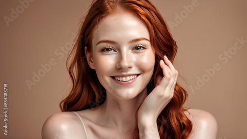 Woman smiling while touching her flawless glowy skin with copy space for your advertisement, skincare
