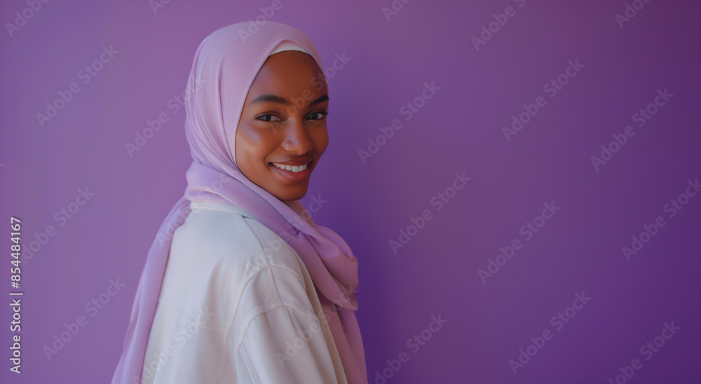 A portrait of a young smiling Muslim woman wearing a purple hijab against a purple background studio with copy space for text A portrait of a young smiling Muslim woman wearing a purple hijab against a purple background studio with copy space for text
