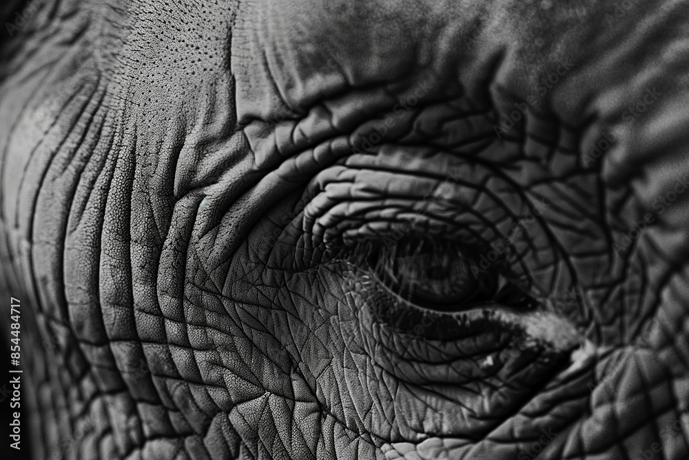 A closeup of an elephant's face, focusing on its skin texture and the detailed wrinkles around one eye. The image captures the subject in the style of copy space for text A closeup of an elephant's face, focusing on its skin texture and the detailed wrinkles around one eye. The image captures the subject in the style of copy space for text