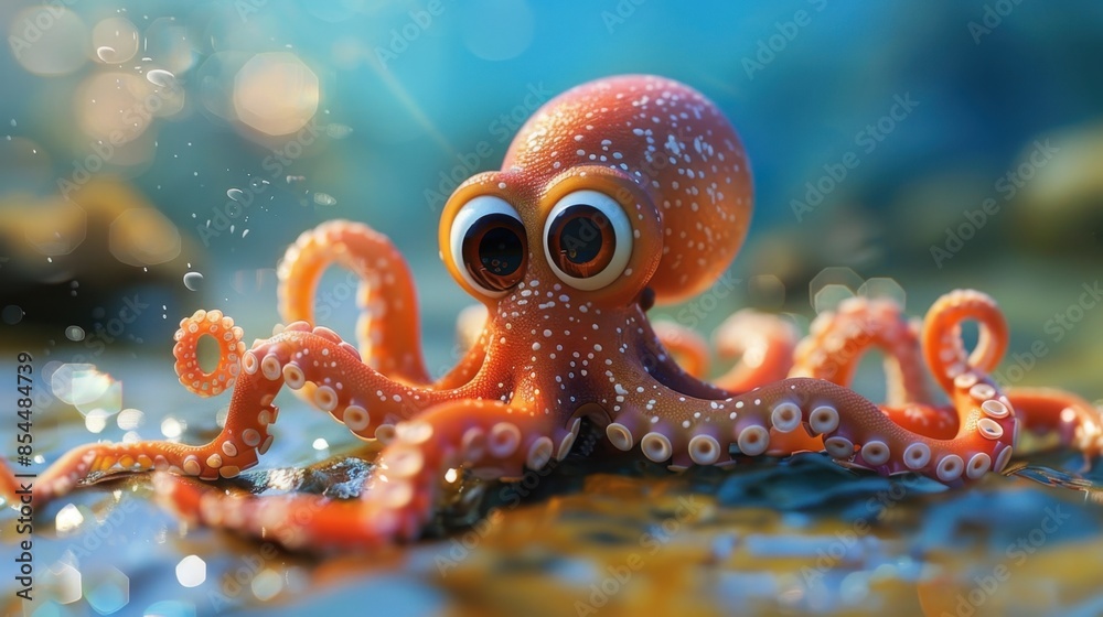 A cartoon octopus with big eyes and a bright orange body looks out at the viewer with a friendly smile. A cartoon octopus with big eyes and a bright orange body looks out at the viewer with a friendly smile.
