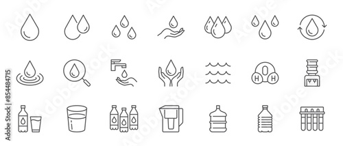 Water line icon set. Rain drops, glass, H2O molecule, purification filter, pure aqua outline vector illustration. Linear pictogram for drink. Editable Stroke
