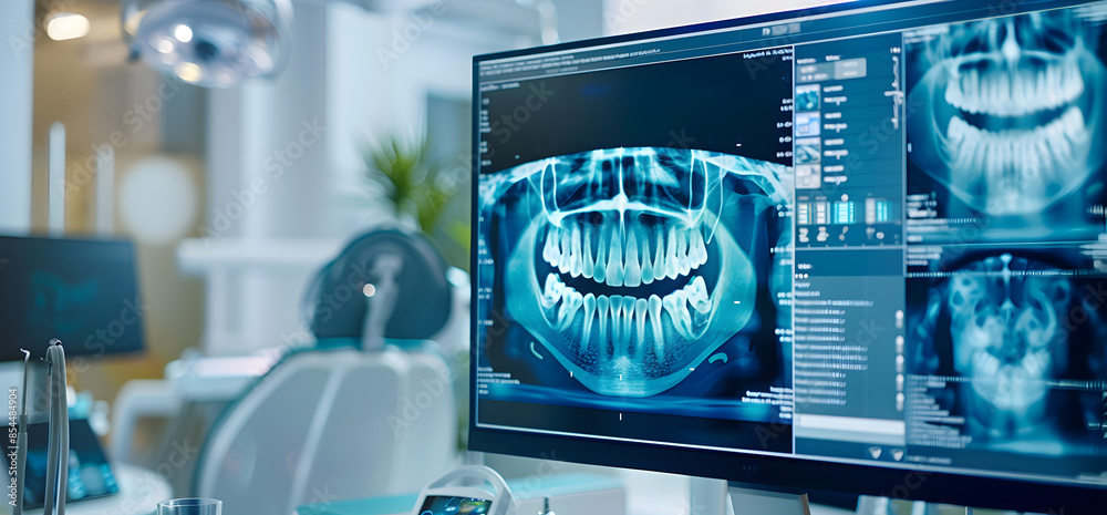 Innovative medical technology diagnose and examine patient teeth with intelligence software in dental clinic. Innovative medical technology diagnose and examine patient teeth with intelligence software in dental clinic.