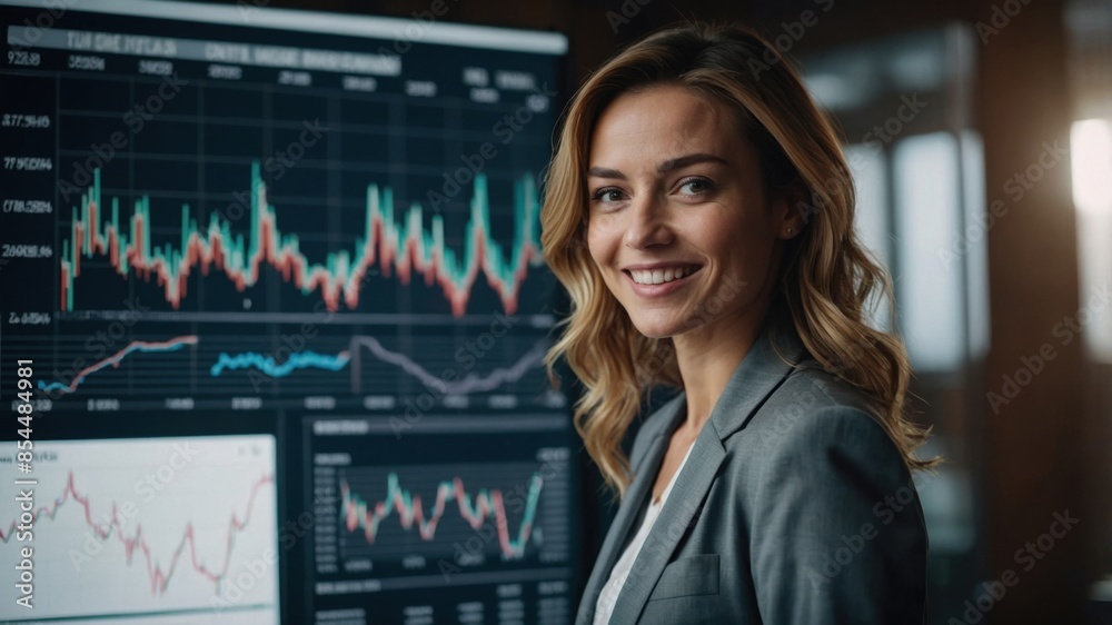 An experienced businesswoman standing next to a monitor displaying real-time charts. She is happy and smiling with confident. An experienced businesswoman standing next to a monitor displaying real-time charts. She is happy and smiling with confident.
