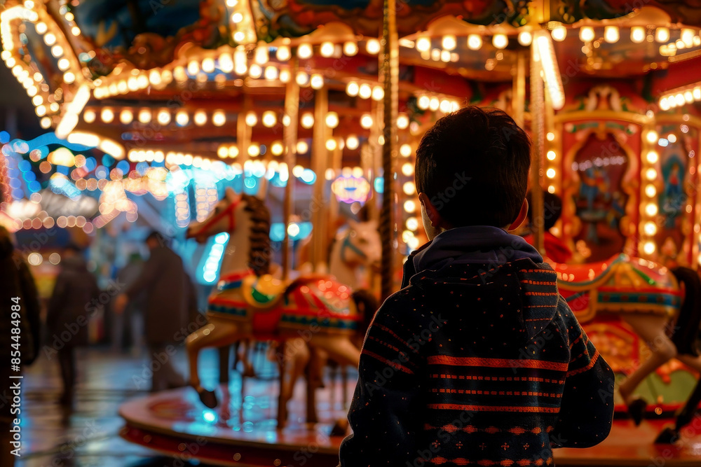boy stand on carousel with wooden horses in an amusement park . ai generative boy stand on carousel with wooden horses in an amusement park . ai generative