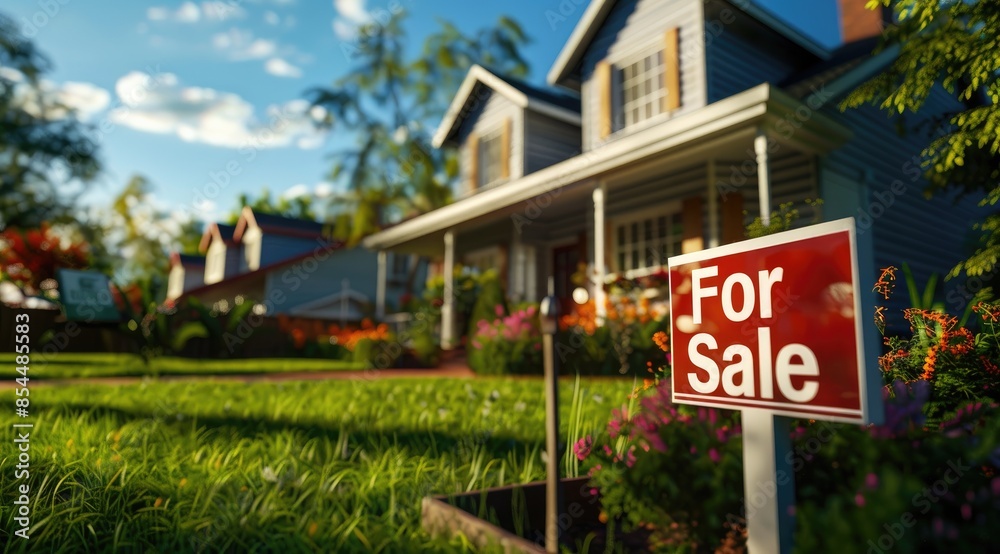 Obraz premium Home for sale among lush greenery with a prominent 