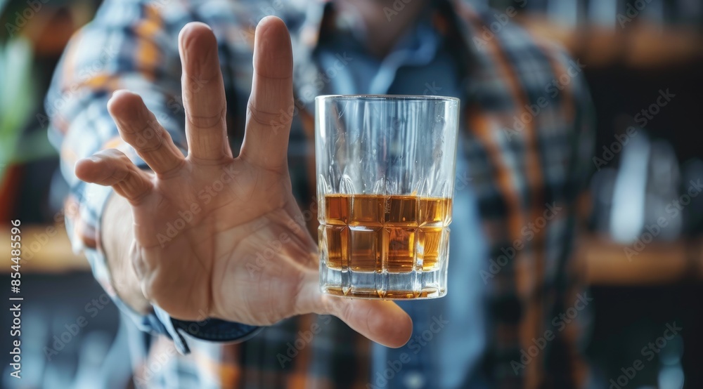 Person refusing whiskey glass Person refusing whiskey glass