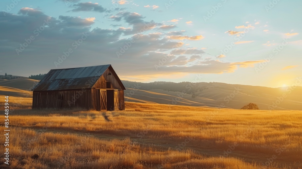 Barn set against rolling hills at sunset