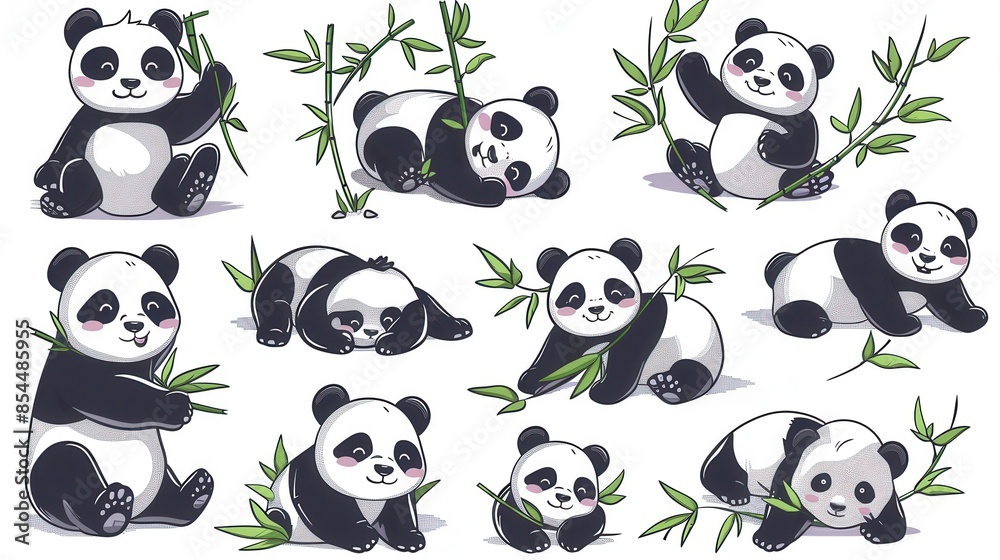 Naklejka premium A collection of adorable panda bears in various poses surrounded by bamboo.