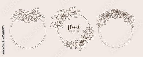 Round floral frame border. Flower wreath line art ornament. Wedding decoration design. Elegant leaf logo circle emblem. Vector illustration in outline style