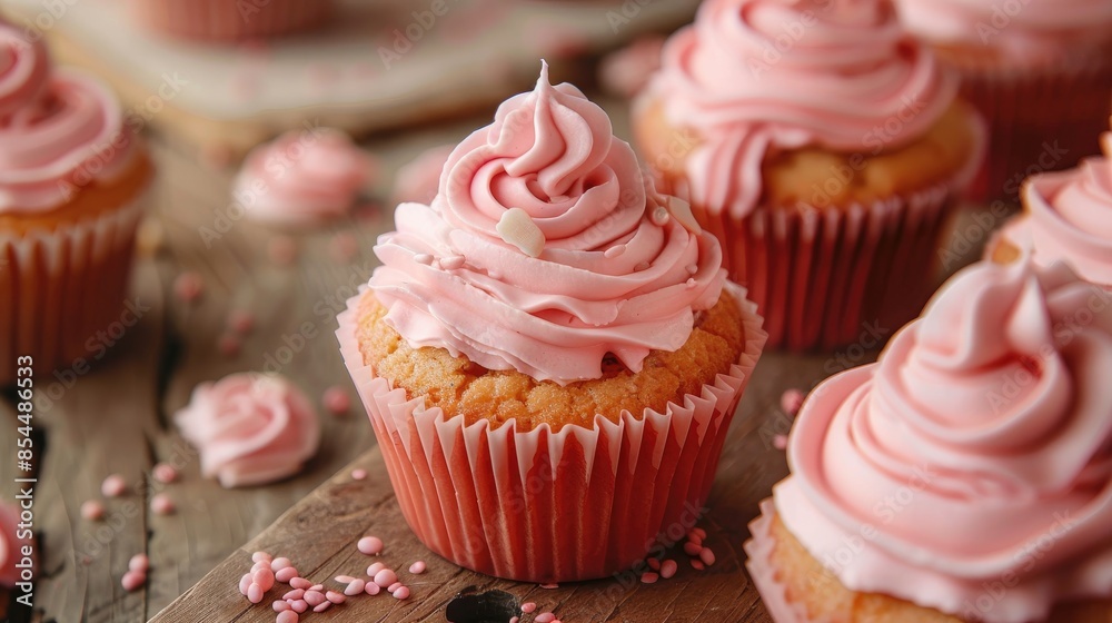Cupcakes with a pink hue displayed on a wooden surface Cupcakes with a pink hue displayed on a wooden surface