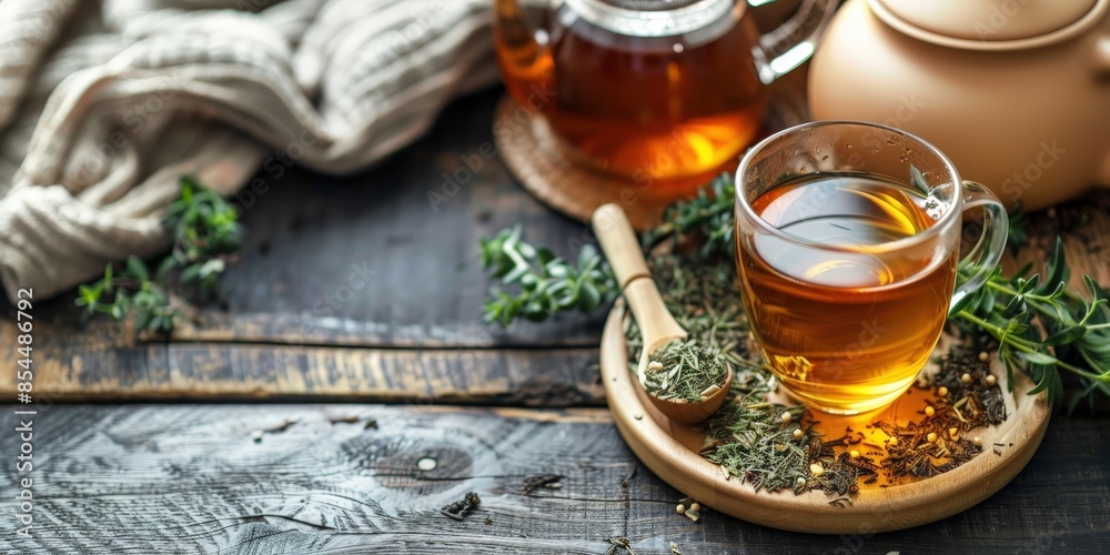 Herbal Tea with Green Leaves and a Wooden Spoon Herbal Tea with Green Leaves and a Wooden Spoon