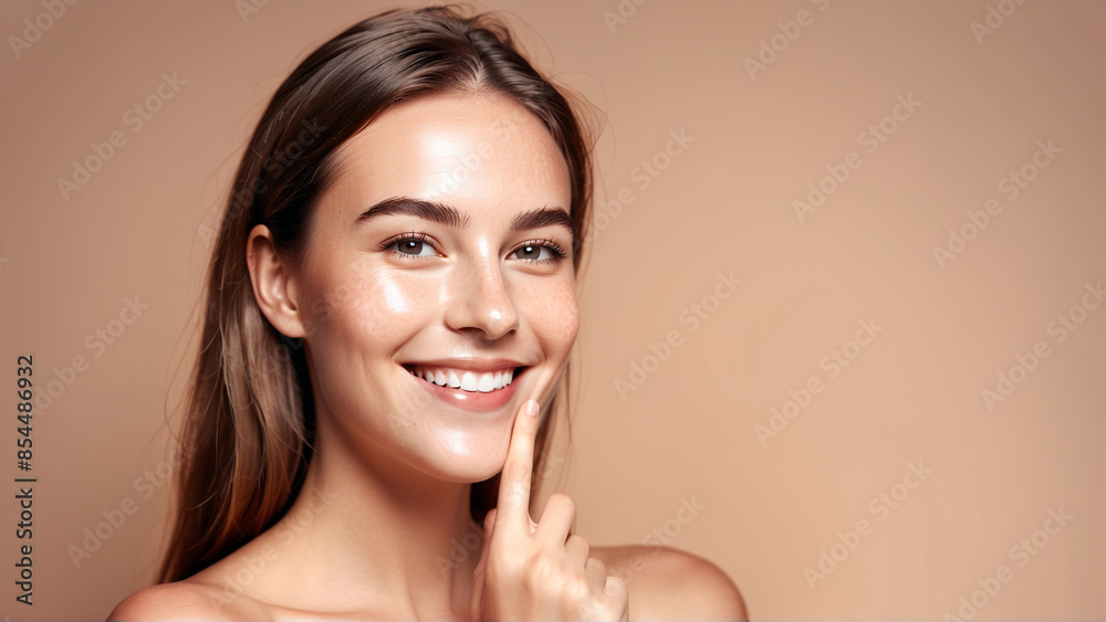 Woman smiling while touching her flawless glowy skin with copy space for your advertisement, skincare
