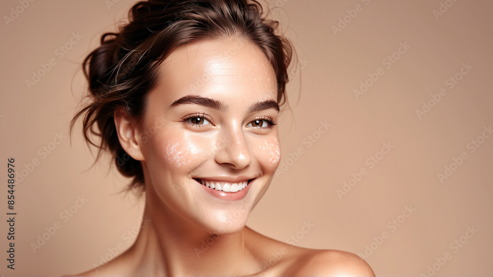 Woman smiling while touching her flawless glowy skin with copy space for your advertisement, skincare Woman smiling while touching her flawless glowy skin with copy space for your advertisement, skincare