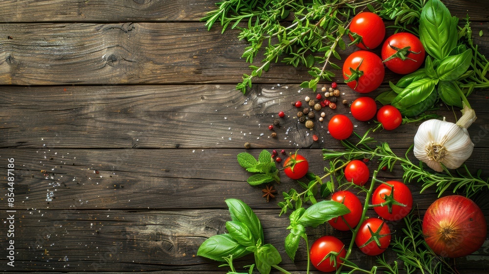 Ripe vegetables, herbs and spices on a wooden background Ripe vegetables, herbs and spices on a wooden background
