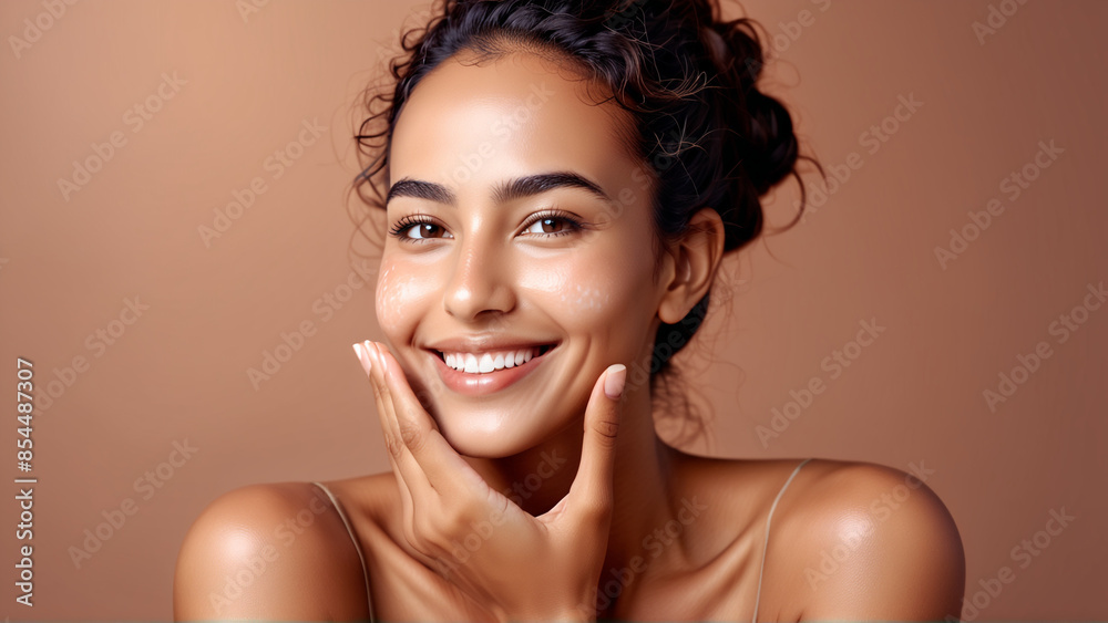 Woman smiling while touching her flawless glowy skin with copy space for your advertisement, skincare Woman smiling while touching her flawless glowy skin with copy space for your advertisement, skincare