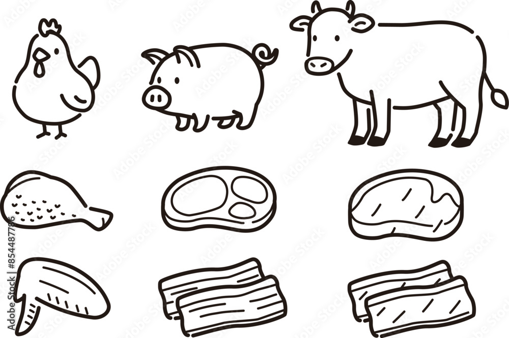 Fototapeta premium シンプルな食肉と動物のイラストセット。鶏肉、豚肉、牛肉