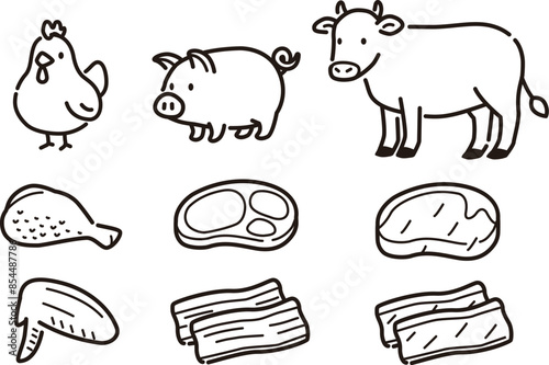 シンプルな食肉と動物のイラストセット。鶏肉、豚肉、牛肉