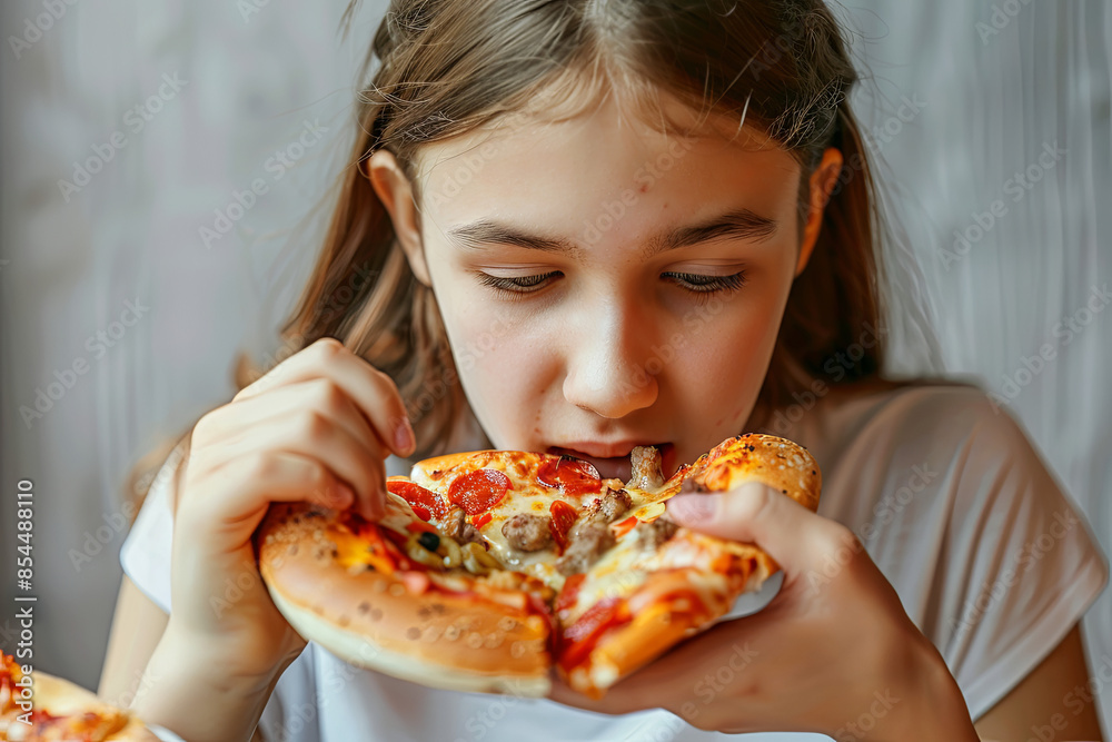 Unhappy girl eating unhealthy fast food, including a large hamburger and pizza, highlighting the negative impact of poor dietary choices Unhappy girl eating unhealthy fast food, including a large hamburger and pizza, highlighting the negative impact of poor dietary choices