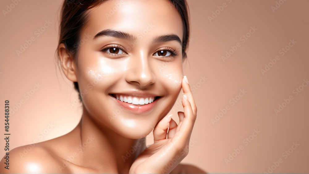 Woman smiling while touching her flawless glowy skin with copy space for your advertisement, skincare Woman smiling while touching her flawless glowy skin with copy space for your advertisement, skincare