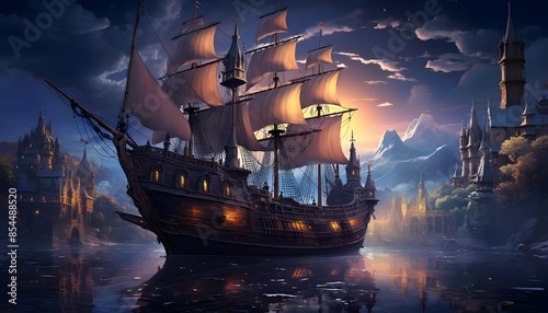 Old ship on the river at night. 3D illustration. Fantasy. photo