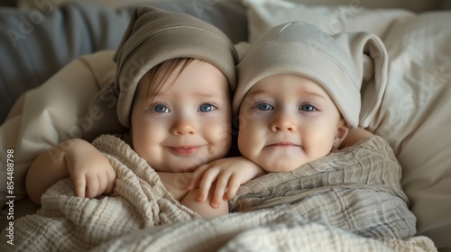 Two babies wearing knitted hats, wrapped in a blanket, hug each other.