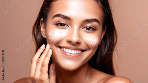 Woman smiling while touching her flawless glowy skin with copy space for your advertisement, skincare 