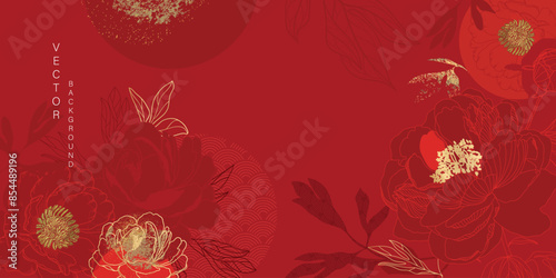 Asian background ,Oriental Chinese and Japanese style abstract pattern background design  with red flower decorate in water color texture