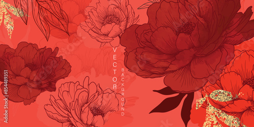 Asian background ,Oriental Chinese and Japanese style abstract pattern background design  with red flower decorate in water color texture