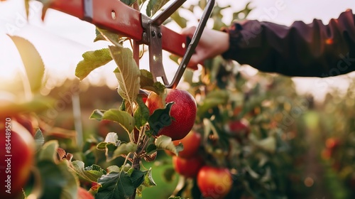 Close-up of a fruit picker tool reaching for a ripe apple, vibrant reds, clear focus, soft orchard background  photo