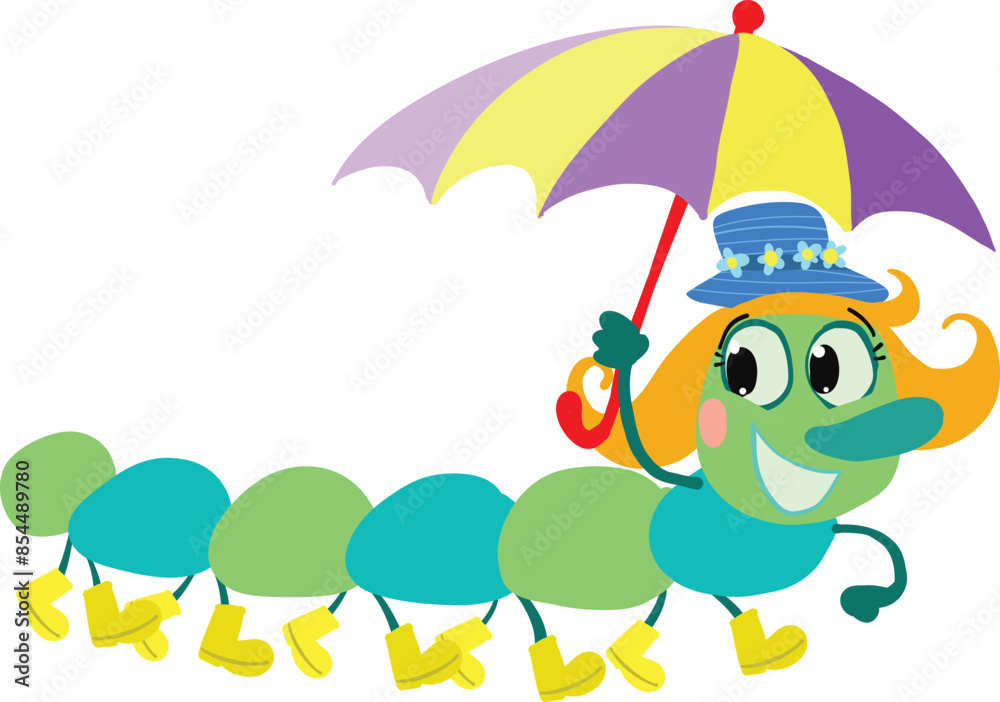 Naklejka premium Children's Caterpillar with yellow boots and a pink umbrella