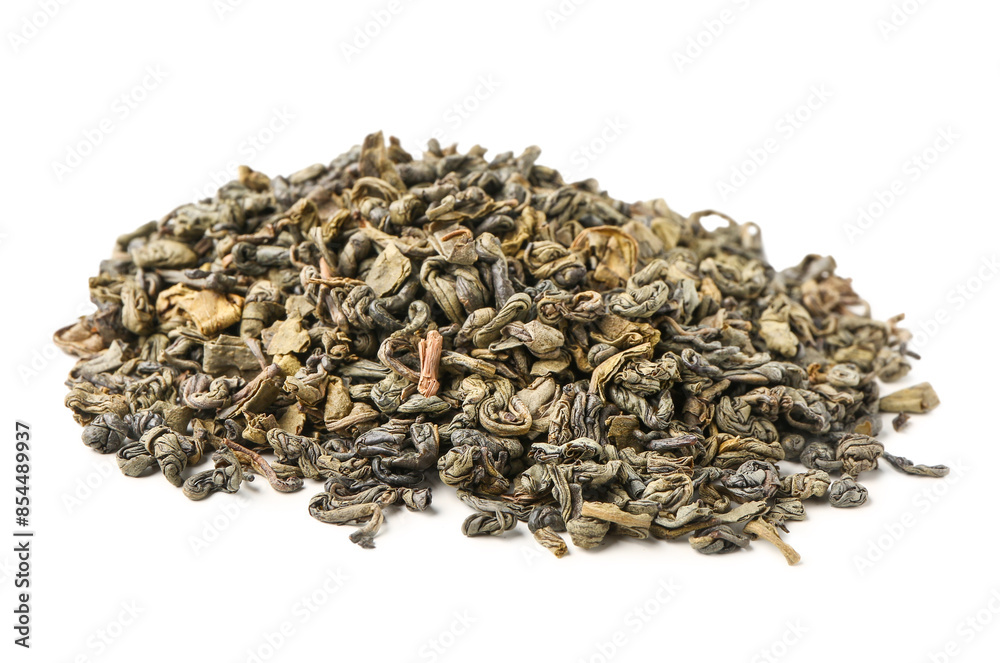 Heap of dry green tea on white background Heap of dry green tea on white background