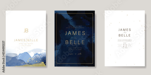 Navy Blue Luxury Wedding Invitation, start invite thank you, rsvp modern card Design in Night sky with  little star moon sun and space decorative Vector elegant rustic template