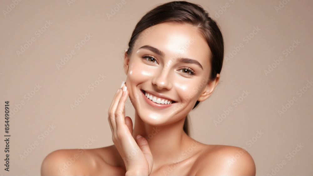 Woman smiling while touching her flawless glowy skin with copy space for your advertisement, skincare
Woman smiling while touching her flawless glowy skin with copy space for your advertisement, skincare