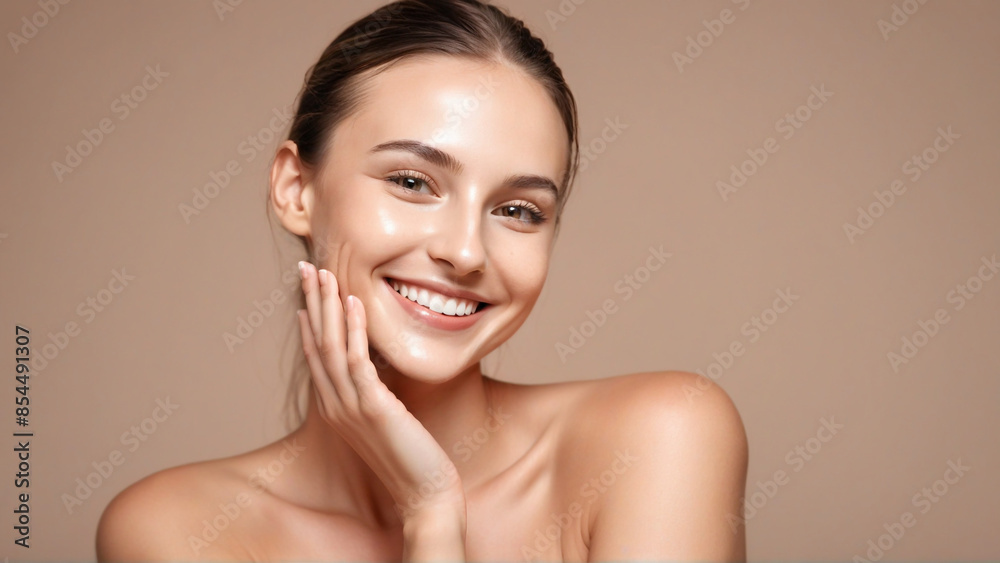 Woman smiling while touching her flawless glowy skin with copy space for your advertisement, skincare
Woman smiling while touching her flawless glowy skin with copy space for your advertisement, skincare