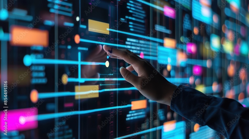A close-up of a person's hands using a digital whiteboard app for brainstorming ideas. a person is touching a screen with sticky notes on it. Generative AI A close-up of a person's hands using a digital whiteboard app for brainstorming ideas. a person is touching a screen with sticky notes on it. Generative AI