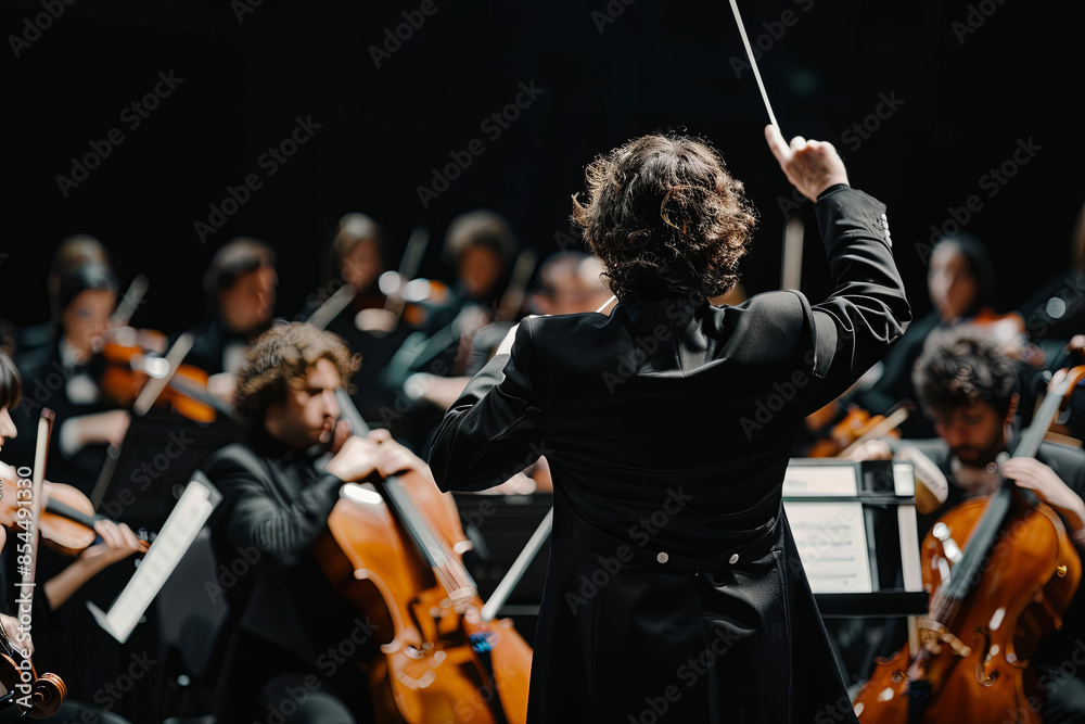 Obraz premium Rear view of a conductor directing a symphony orchestra during a live performance