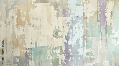 Rustic Textured Wall with Serene Retreat Color Washing Technique. Aged effect. Palette of aqua, lavender, beige, sage, and gray with subtle variations. High-resolution. Soft and layered finish. © Pink Rose Tiger