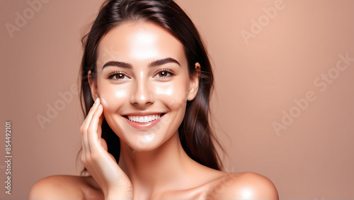 Woman smiling while touching her flawless glowy skin with copy space for your advertisement, skincare
