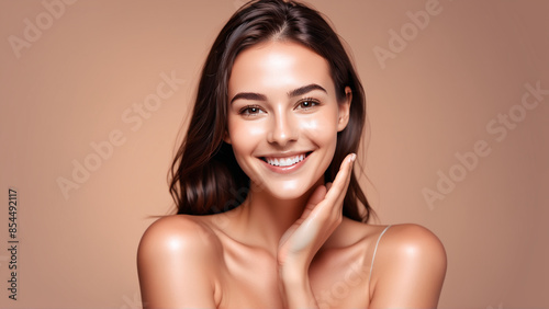 Woman smiling while touching her flawless glowy skin with copy space for your advertisement, skincare
